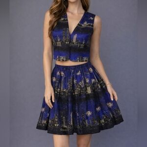 HANDMADE Y2k Cityscape Graphic New Years Eve Circle Square Dance Skirt Set